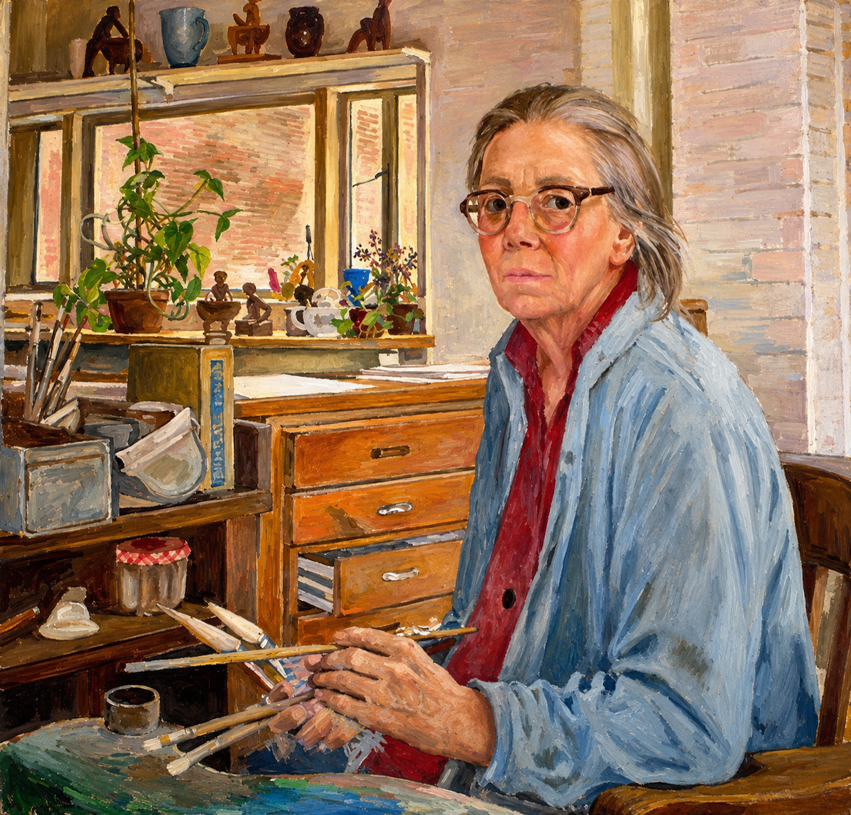 Self-portrait of Edith Kramer holding paintbrushes in her sunlit studio