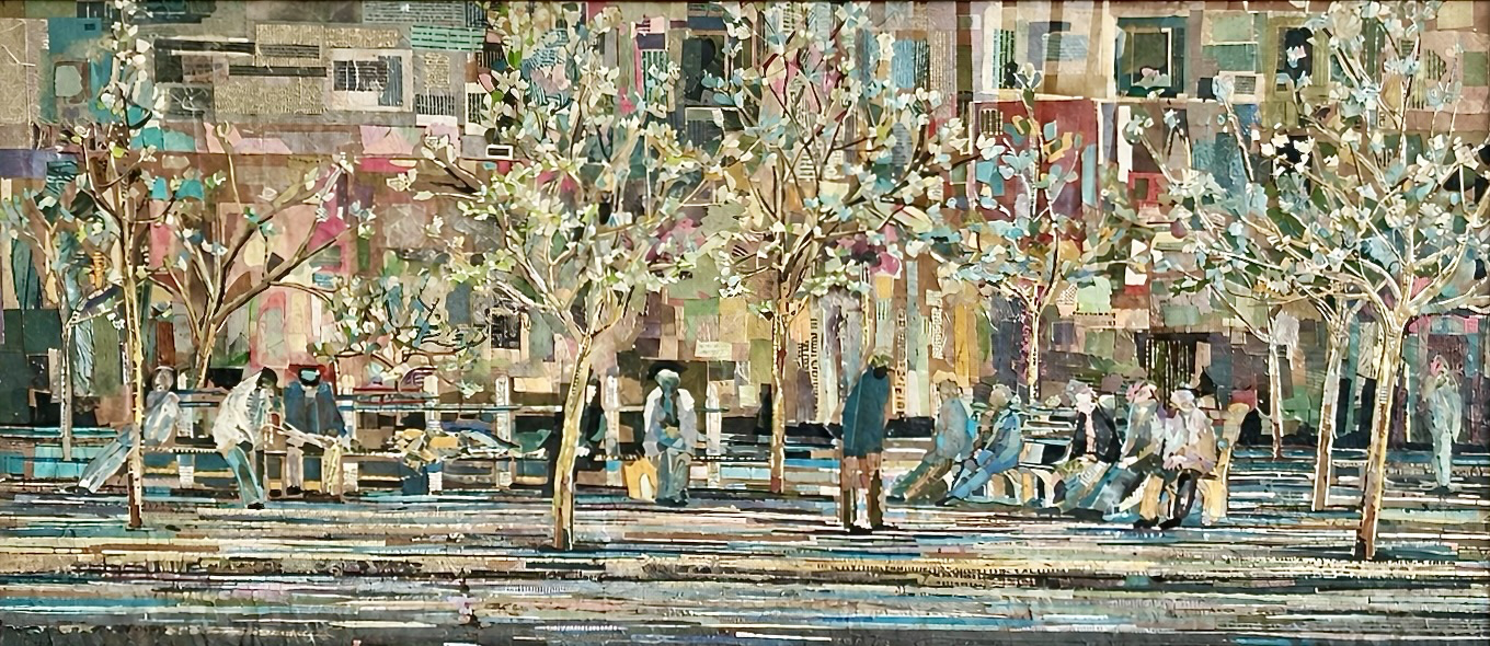 Detailed collage of people in a tree-lined city park