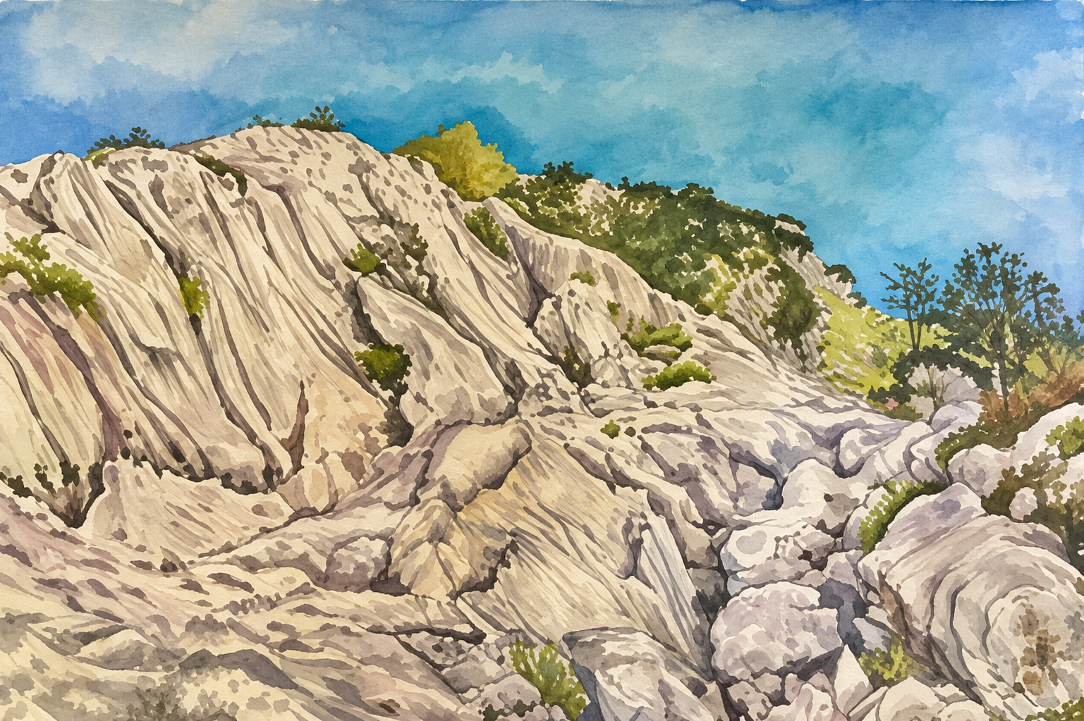 Painting of a rocky mountain landscape