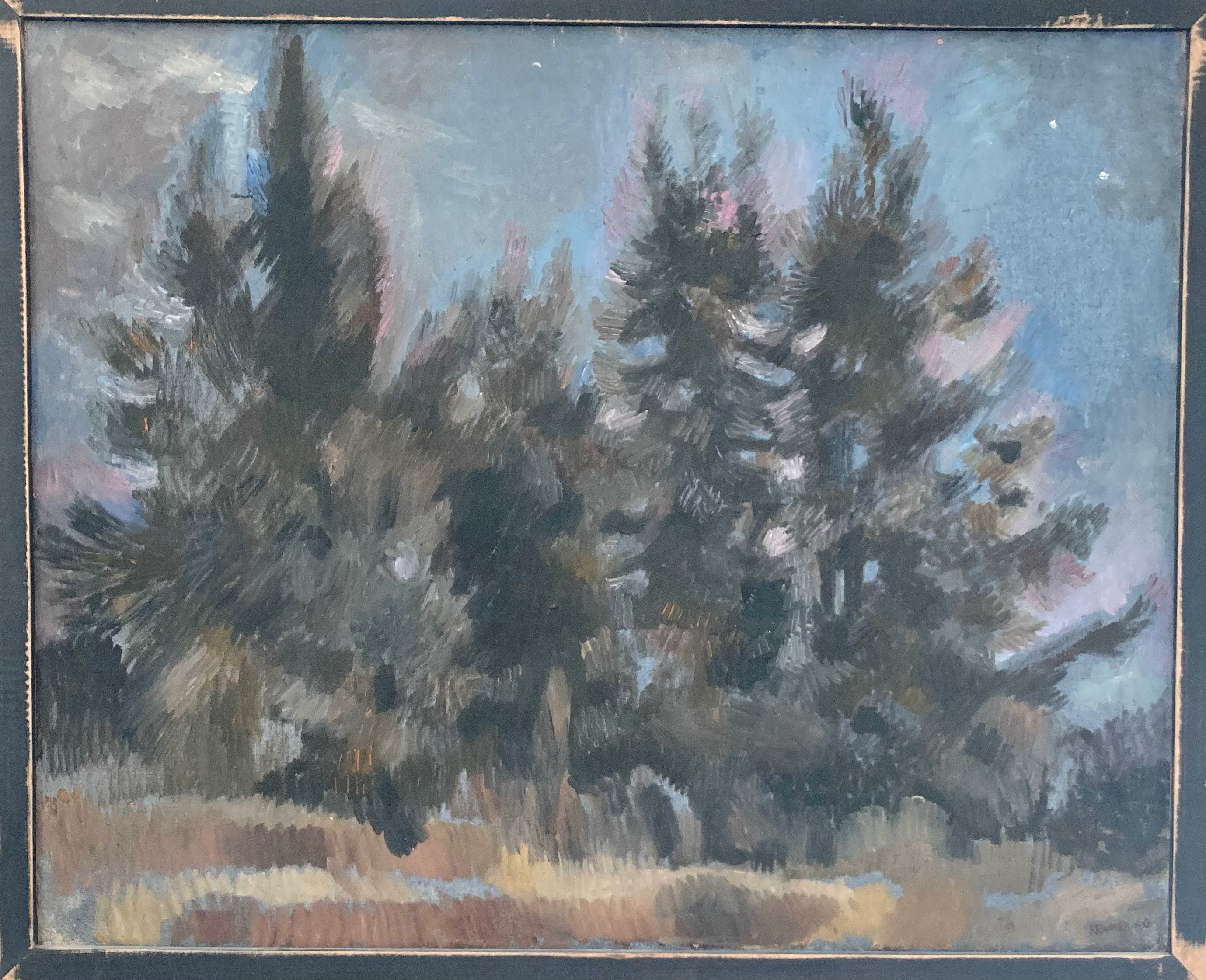 Painting of conifers in a dark forest